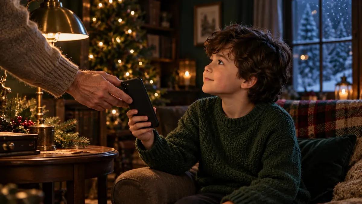 A grown-up hands the phone to a boy by the Christmas tree