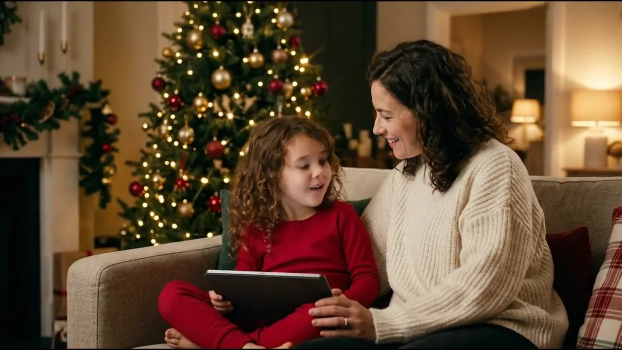 A girl hearing her name in Santa's message