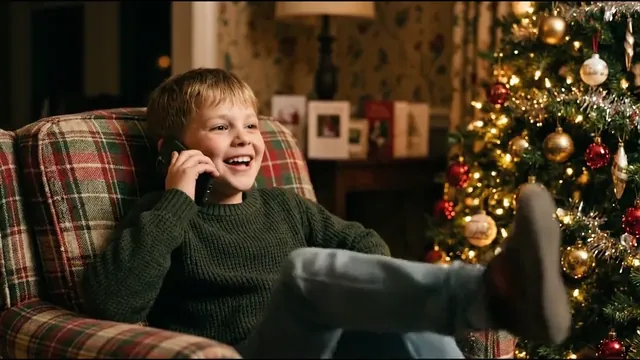 A boy laughing on the phone in an armchair beside a Christmas tree, an illustration