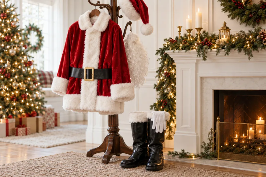 A red velvet Santa suit on a coat stand by the fireplace, with a hat, beard, gloves and black boots