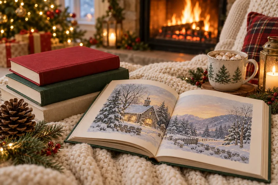 A stack of storybooks and an open picture book of a snowy cottage on a knit blanket by the fireplace
