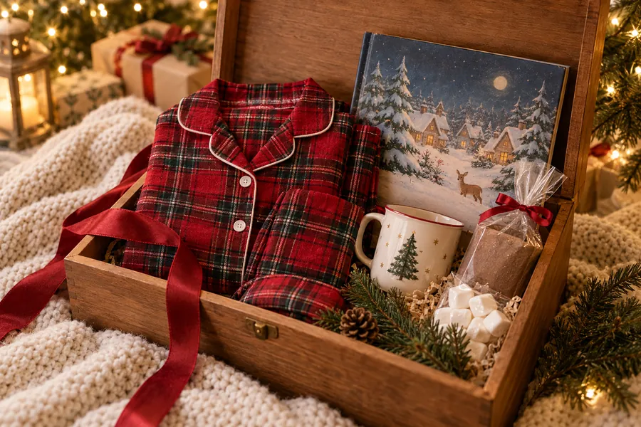 An open wooden Christmas Eve box with plaid pajamas, a storybook, a Christmas mug, hot cocoa and marshmallows