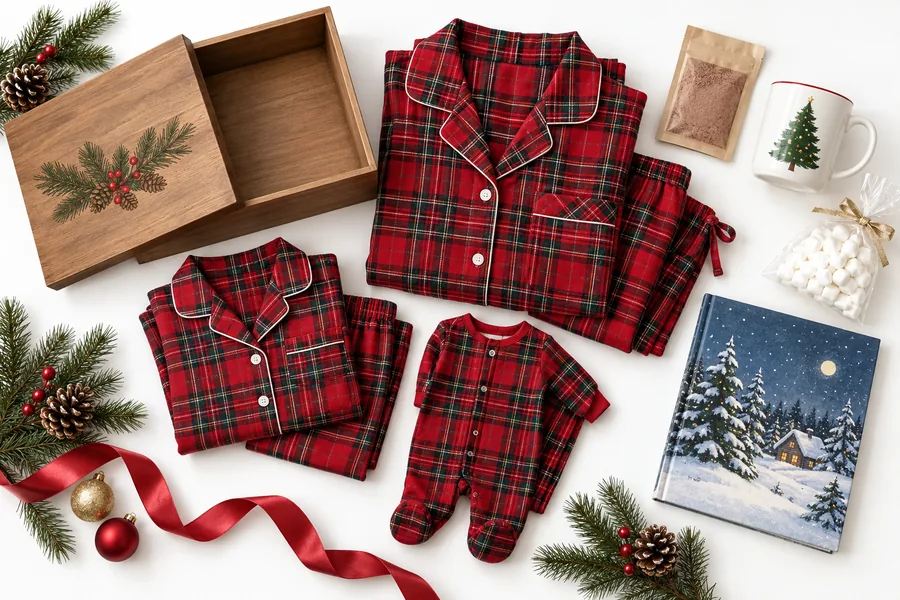 A flat lay of a wooden Christmas Eve box, matching plaid pajamas, hot cocoa, a mug, marshmallows and a picture book