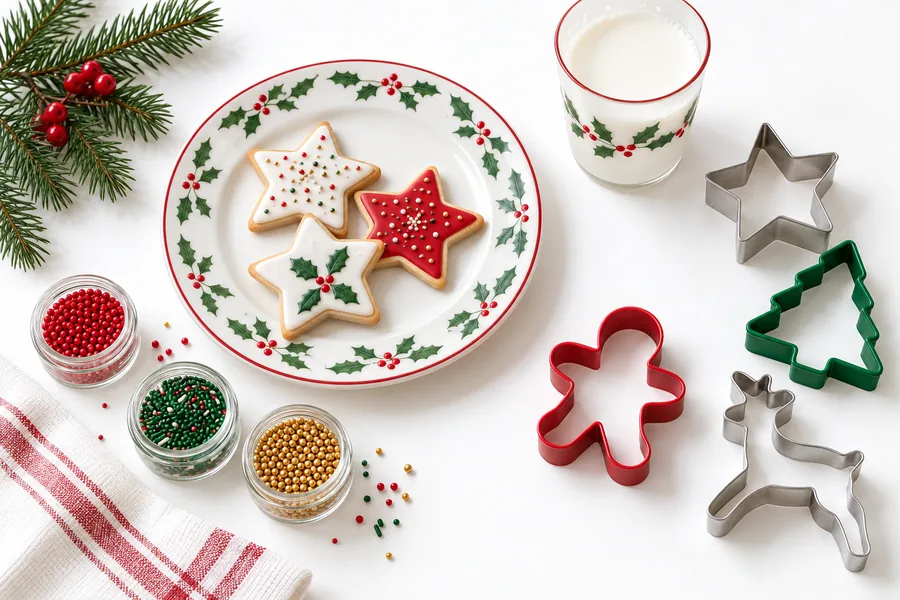 A flat lay of a holly plate and milk glass, Christmas cookie cutters, sprinkles and iced cookies