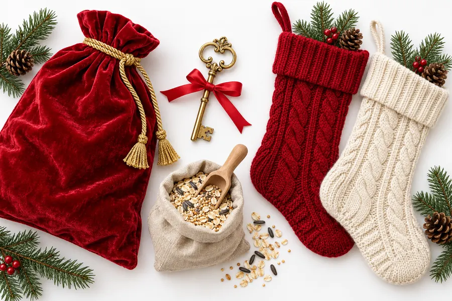 A flat lay of a red Santa sack, a gold key with a red ribbon, a bag of reindeer food and two knit stockings