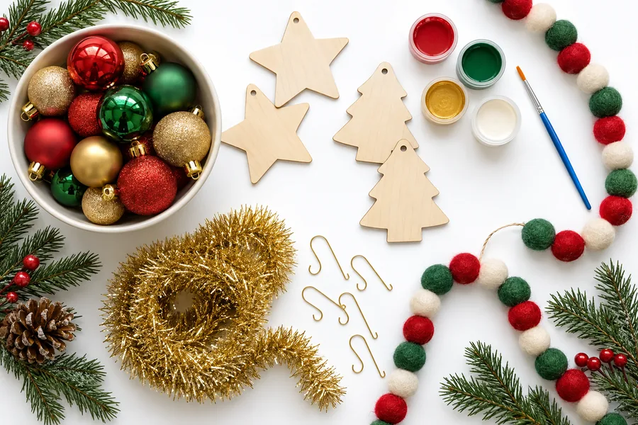 A flat lay of red, green and gold ornaments, wooden ornament shapes with paints, a felt ball garland and tinsel