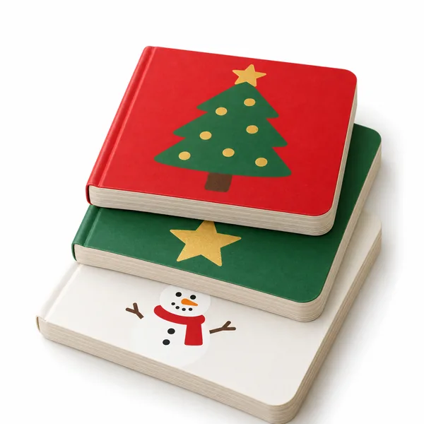 A stack of chunky board books with a tree, a star and a snowman on the covers