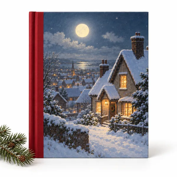 A classic hardcover picture book with a painted cover of snowy moonlit rooftops
