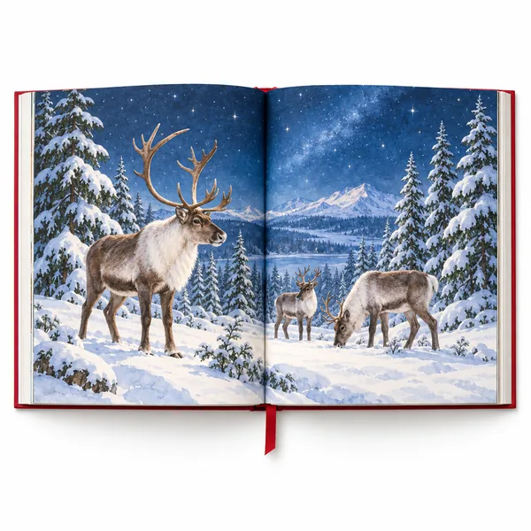 An open picture book showing reindeer in a snowy pine forest under the stars