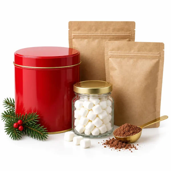A red tin and kraft packets of hot cocoa with a jar of mini marshmallows