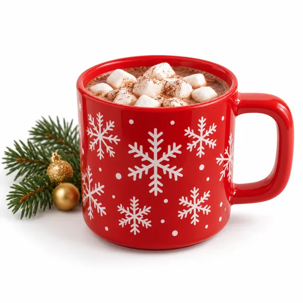 A red snowflake mug filled with hot cocoa and marshmallows