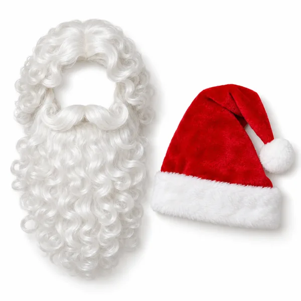 A full white curly Santa beard and a red plush Santa hat