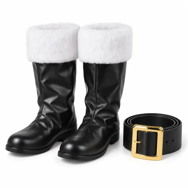 Black Santa boot covers with white cuffs and a wide black belt with a gold buckle