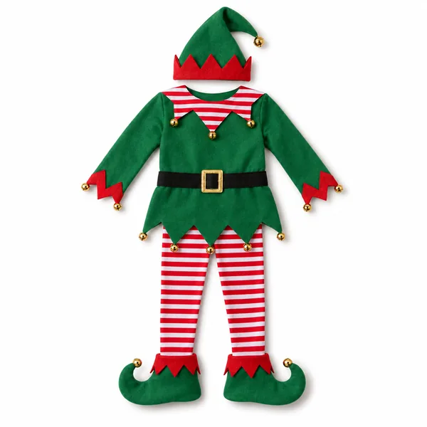 A child size green elf tunic with a striped collar, striped leggings and a pointed hat