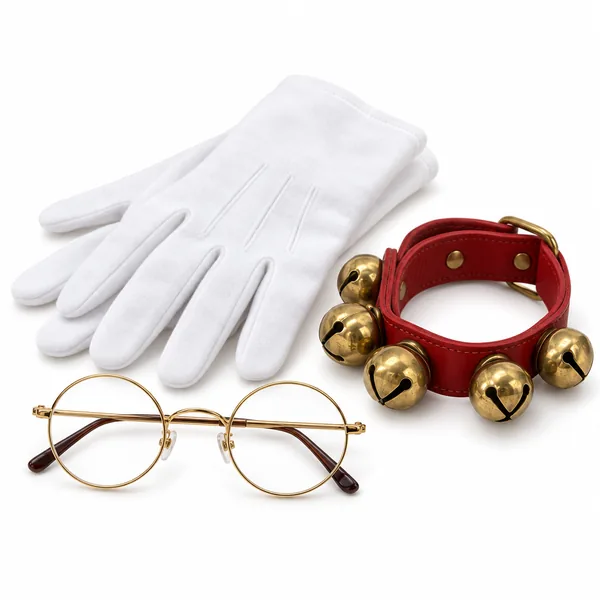 White gloves, round gold spectacles and a strap of brass sleigh bells