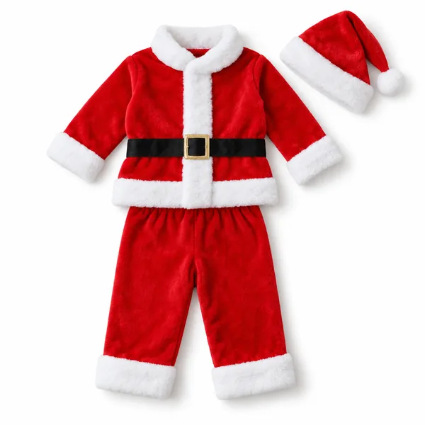 A child size red plush Santa jacket, pants and hat laid flat