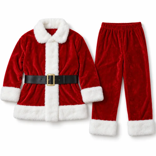 A red velvet Santa suit jacket and pants with white trim and a black belt
