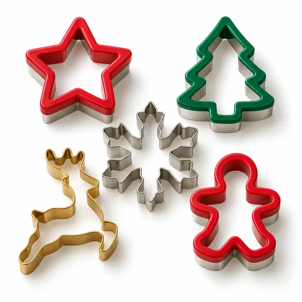 Christmas cookie cutters shaped like a star, tree, snowflake, reindeer and gingerbread person