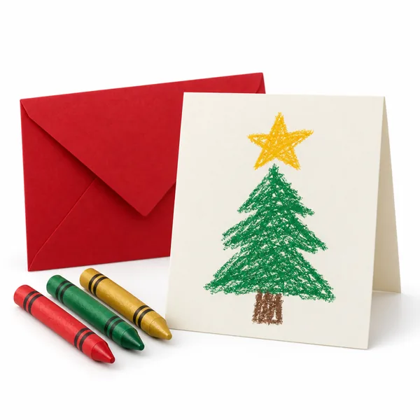 A cream card with a child's crayon drawing of a star and a tree, a red envelope and crayons