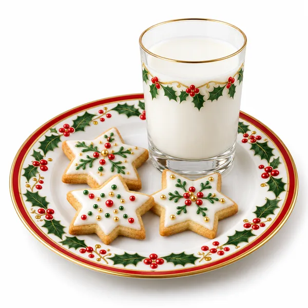 A holly rimmed plate with iced star cookies and a matching glass of milk