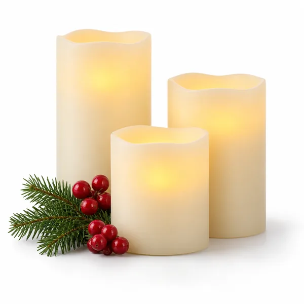 Three glowing flameless pillar candles with red berries and evergreen