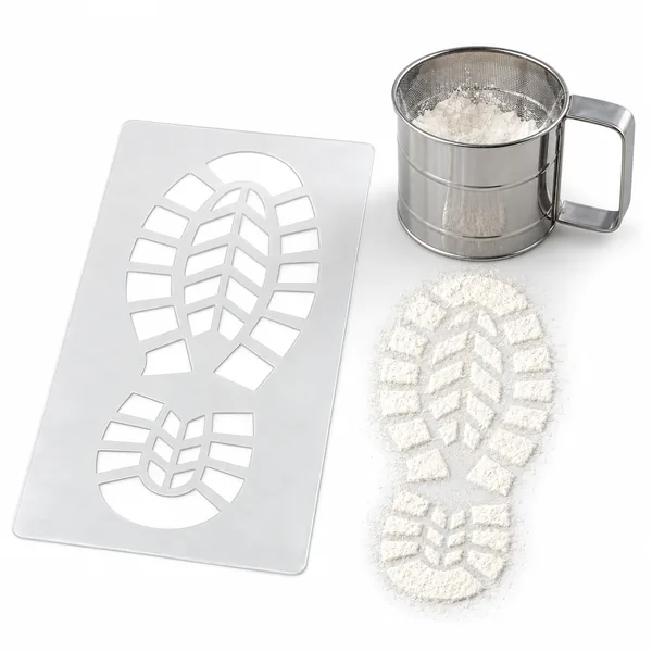 A boot print stencil, a flour sifter and a white flour boot print