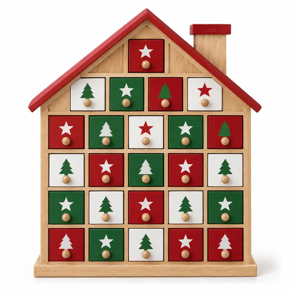 A wooden house shaped advent calendar with small red, green and white drawers