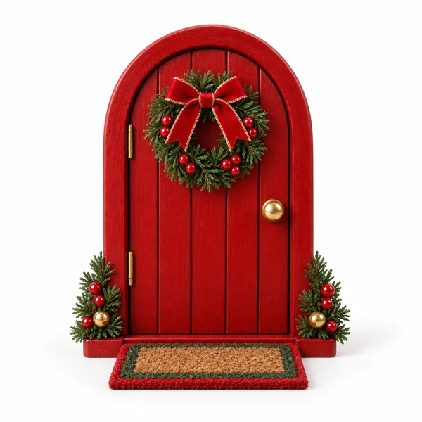 A tiny arched red wooden door with a gold knob, a mini wreath and a welcome mat