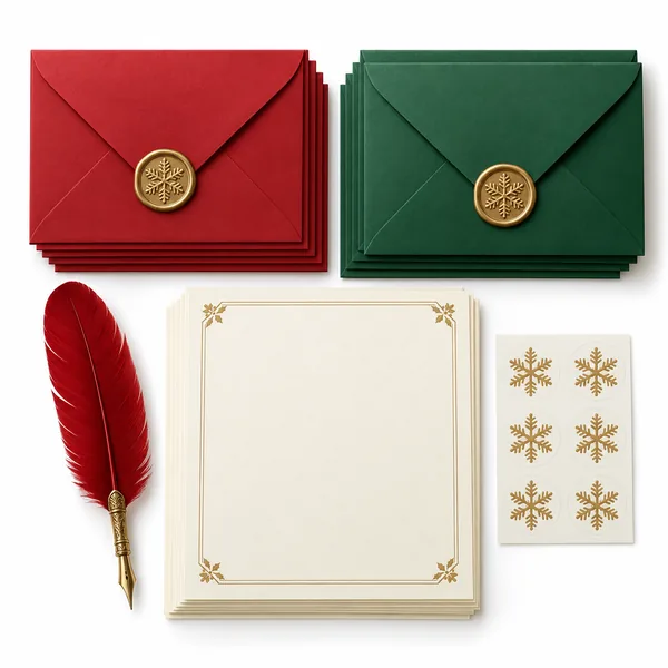 Red and green envelopes with gold wax seals, cream stationery and a red quill pen