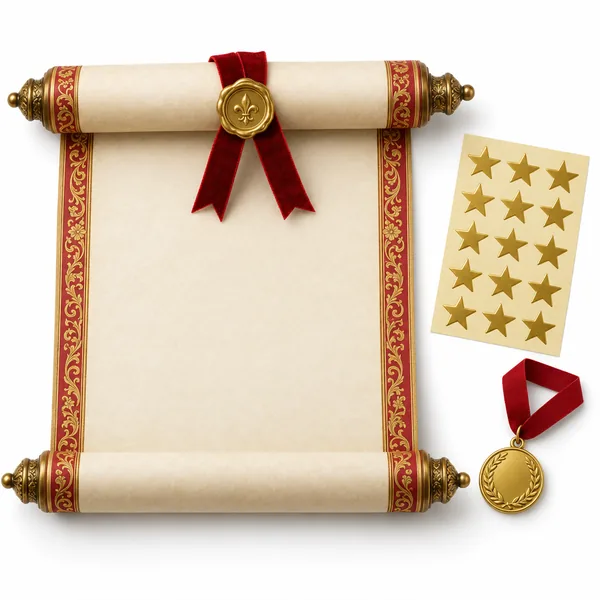 A blank parchment scroll with a red and gold border, a red ribbon, a gold seal and a gold medal