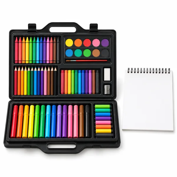 An open art case with crayons, colored pencils, pastels, watercolors and a sketch pad