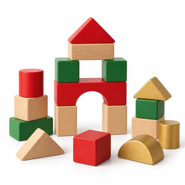 A set of chunky wooden blocks in red, green and gold stacked into a tower and an arch
