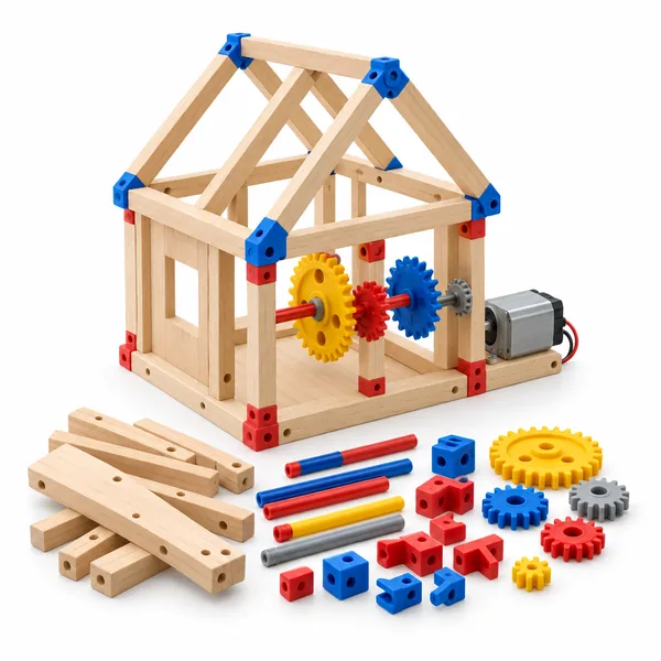 A half built construction model with gears, connector rods and a motor