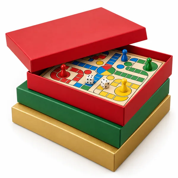 Three board game boxes with plain lids and an open game board with pawns and dice