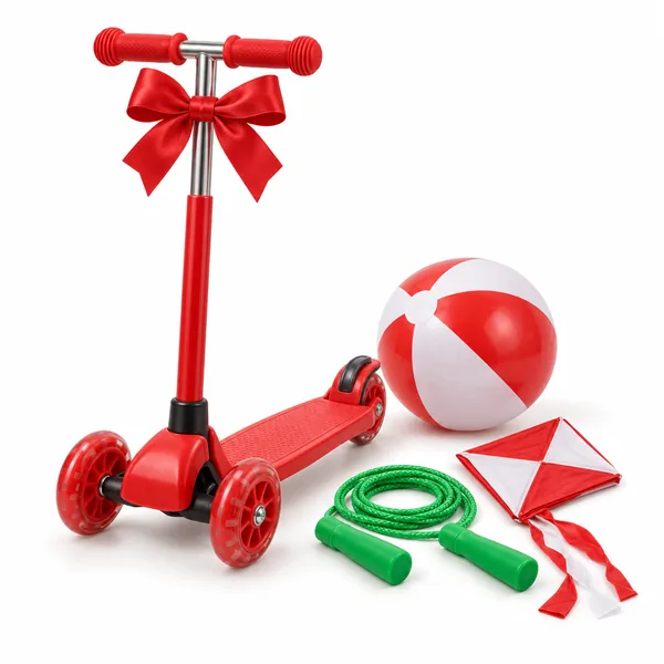 A red kick scooter with a bow, a jump rope, a ball and a kite
