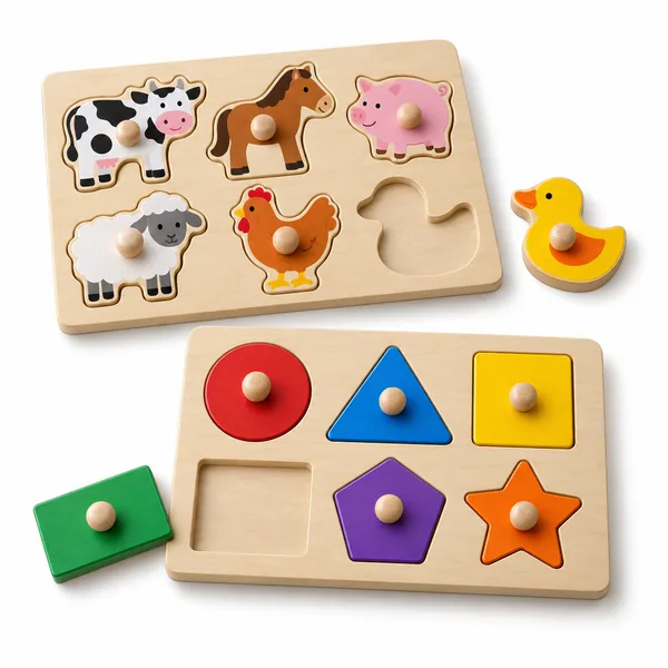 Two wooden peg puzzles with animal and shape pieces
