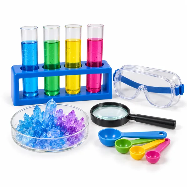 Test tubes with colorful liquids, goggles, a magnifier and a crystal growing dish