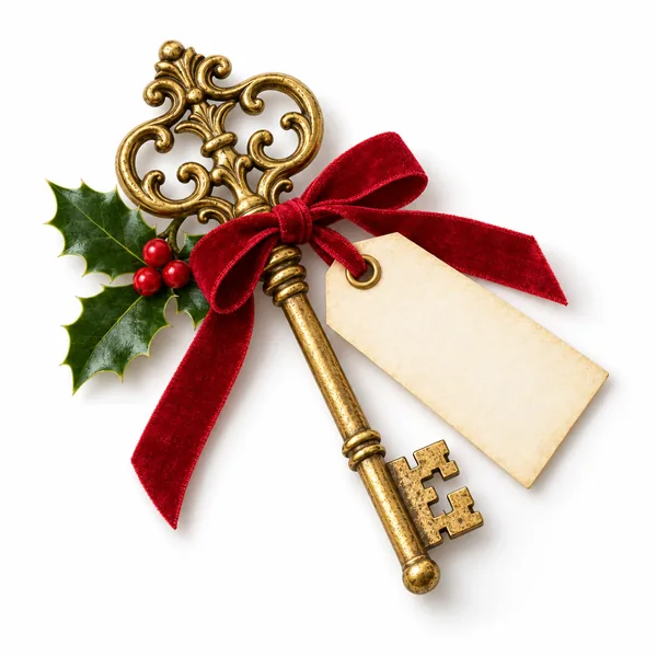 An ornate gold key with a red velvet bow, a blank tag and holly