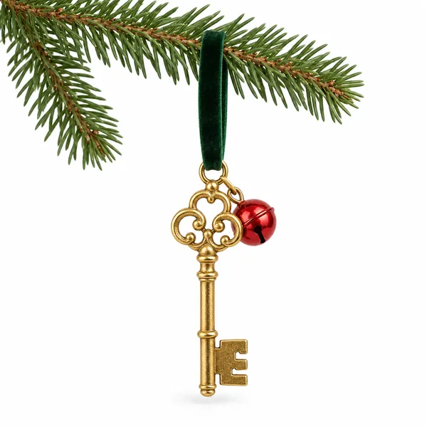 A small gold key ornament with a red jingle bell hanging from a fir branch
