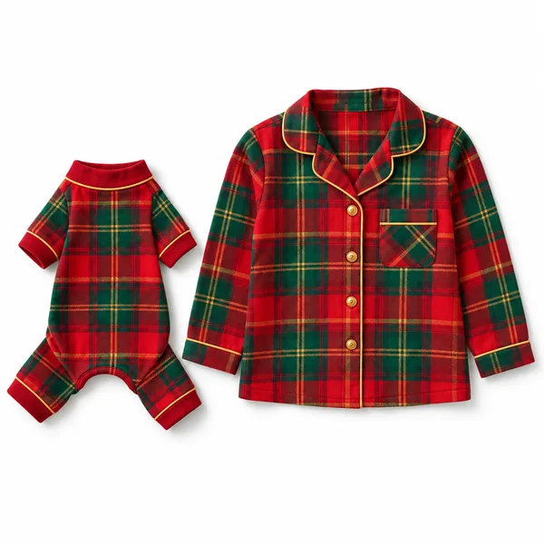 A plaid dog pajama next to a matching child pajama top