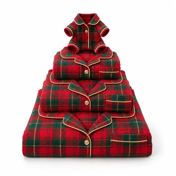 A stack of matching plaid pajamas folded from adult size down to baby, with a tiny dog pajama on top