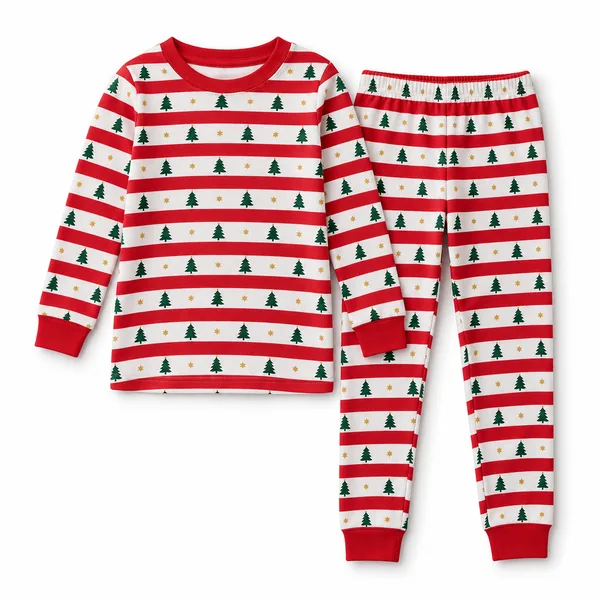 A child's red and white striped Christmas pajama set with little green trees