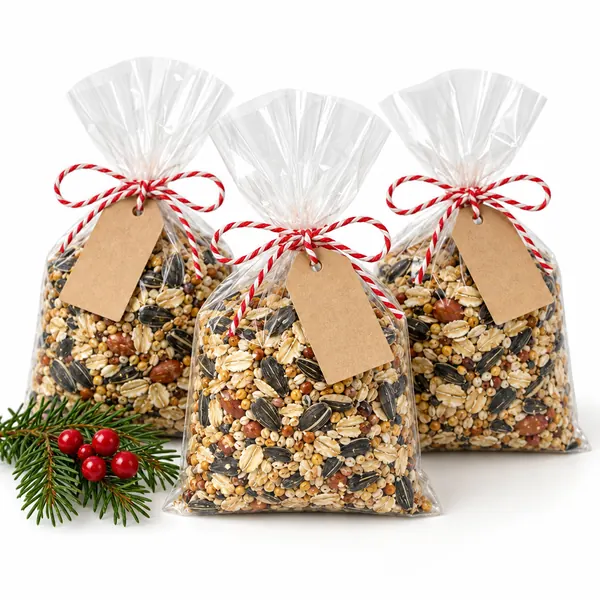 Three clear bags of oats and birdseed tied with red and white twine and blank tags
