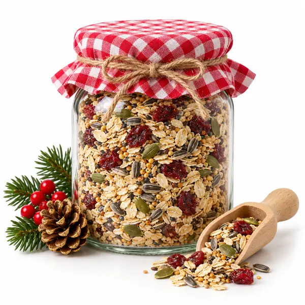 A gingham topped jar of oats, seeds and dried cranberries with a wooden scoop