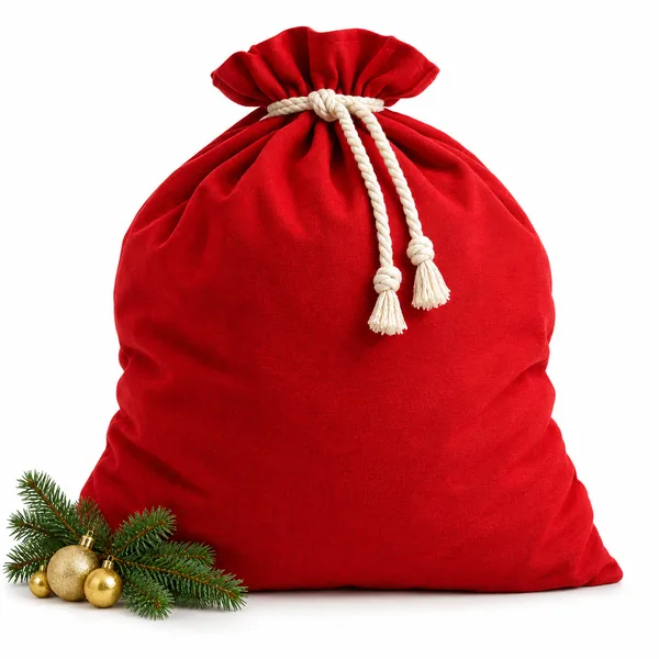 A large red drawstring Santa sack with a cream rope tie