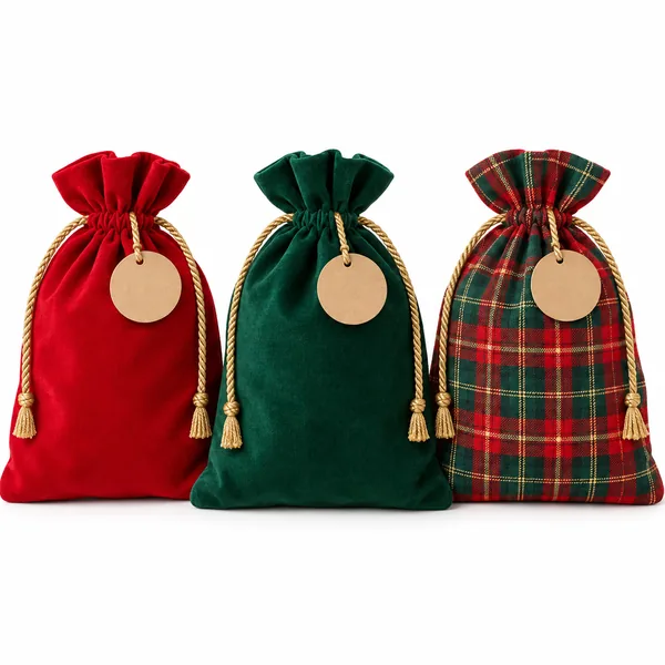 Three gift sacks in red, green and plaid, each with a blank tag