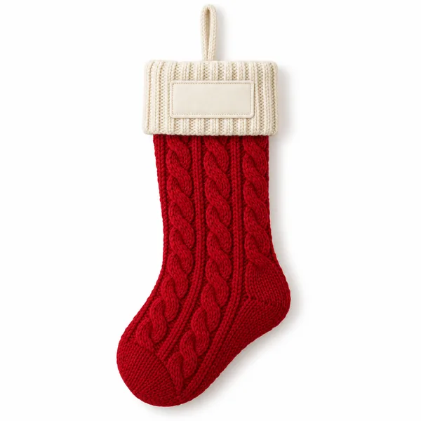 A red cable knit stocking with a cream cuff and a blank name patch