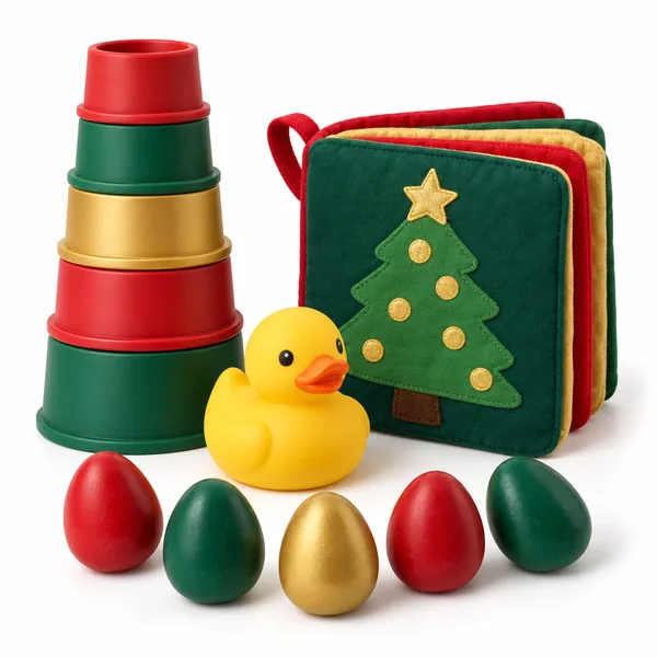 Chunky egg crayons, a yellow bath duck, stacking cups and a soft cloth book