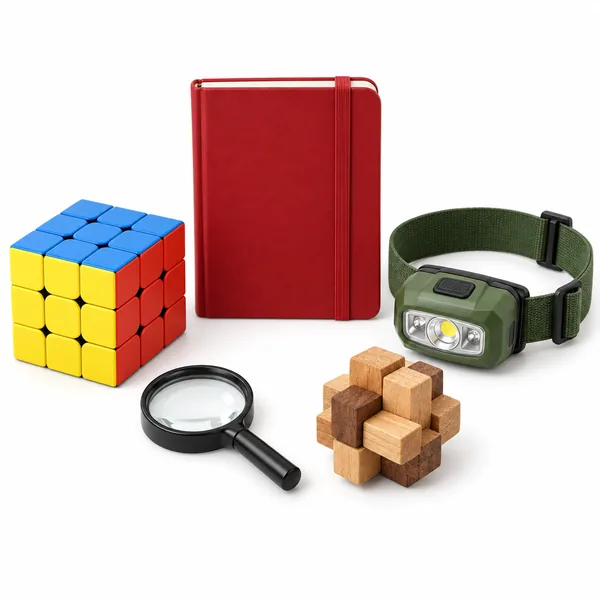 A puzzle cube, a red journal, a green headlamp, a magnifying glass and a wooden brain teaser