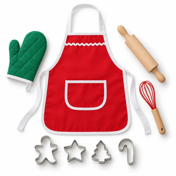 A small red apron, a green oven mitt, a little rolling pin, a whisk and cookie cutters